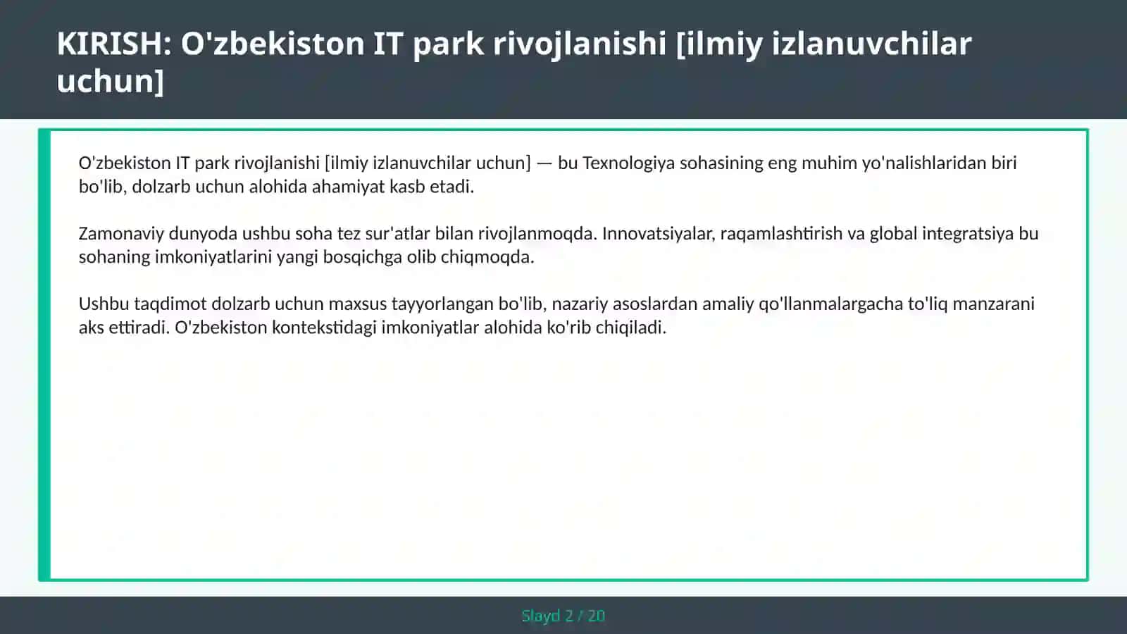 O'zbekiston IT park rivojlanishi [ilmiy izlanuvchilar uchun] 2