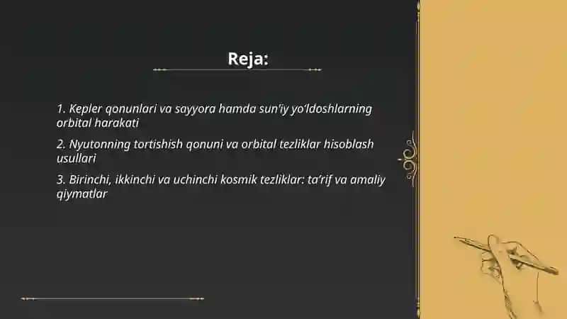 Sayyora va sunʼiy yoʻldoshlarning harakati kosmik tezliklar 2