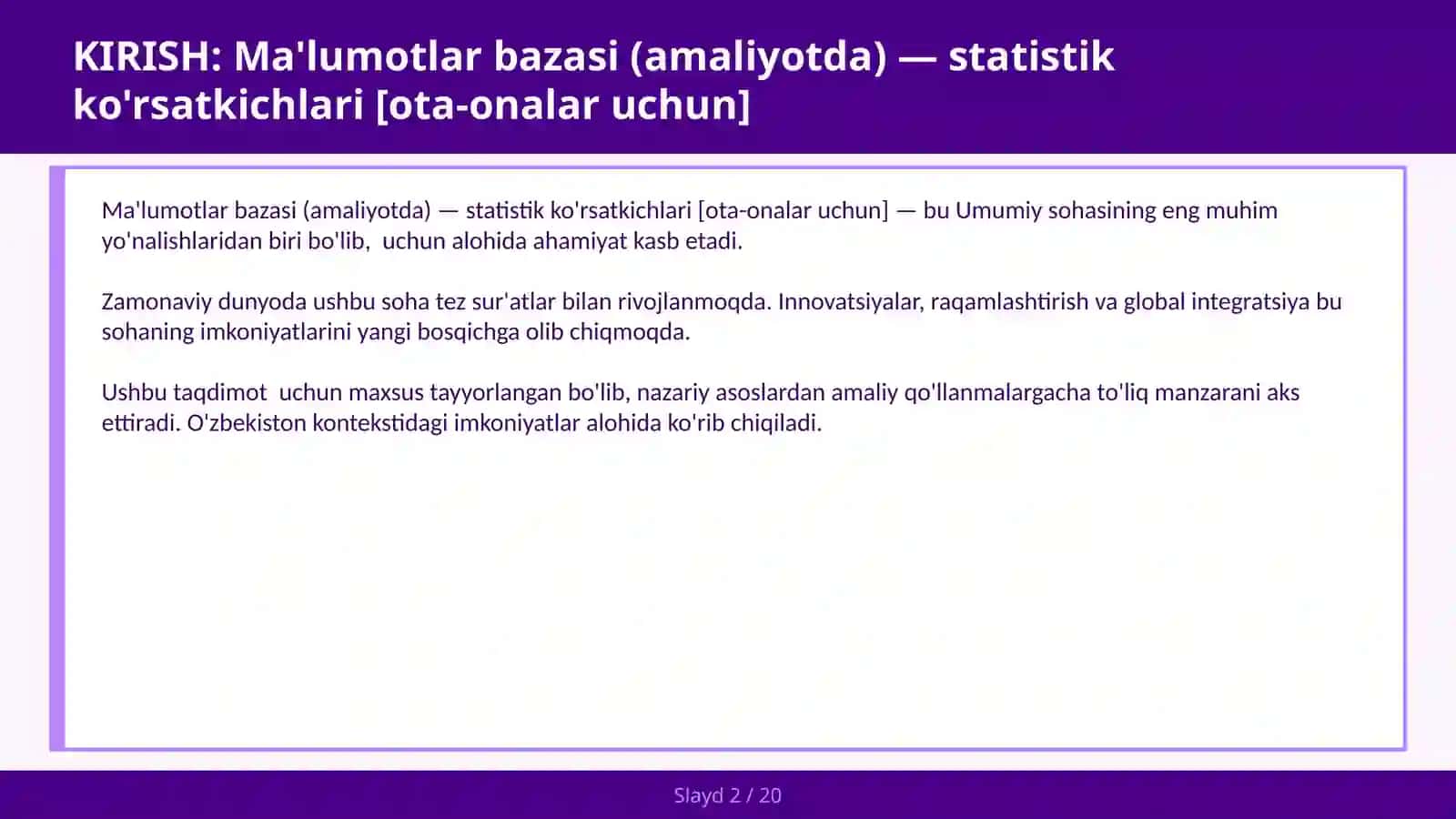 MA'LUMOTLAR BAZASI (AMALIYOTDA) — STATISTIK KO'RSATKICHLARI [OTA-ONALAR UCHUN] 2
