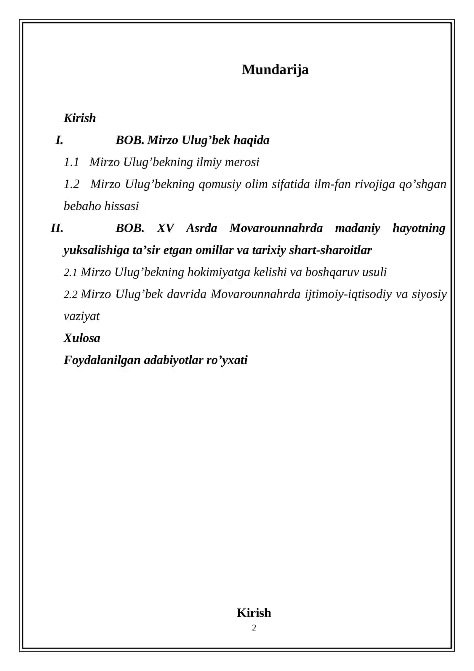 “MIRZO ULUG’BEK BUYUK ALLOMA VA DAVLAT ARBOBI” MAVZUSIDAGI KURS ISHI 2