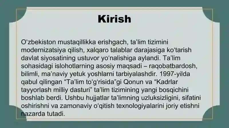 O‘zbekiston Respublikasi ta'lim sohasida amalga oshirilgan islohotlar 2