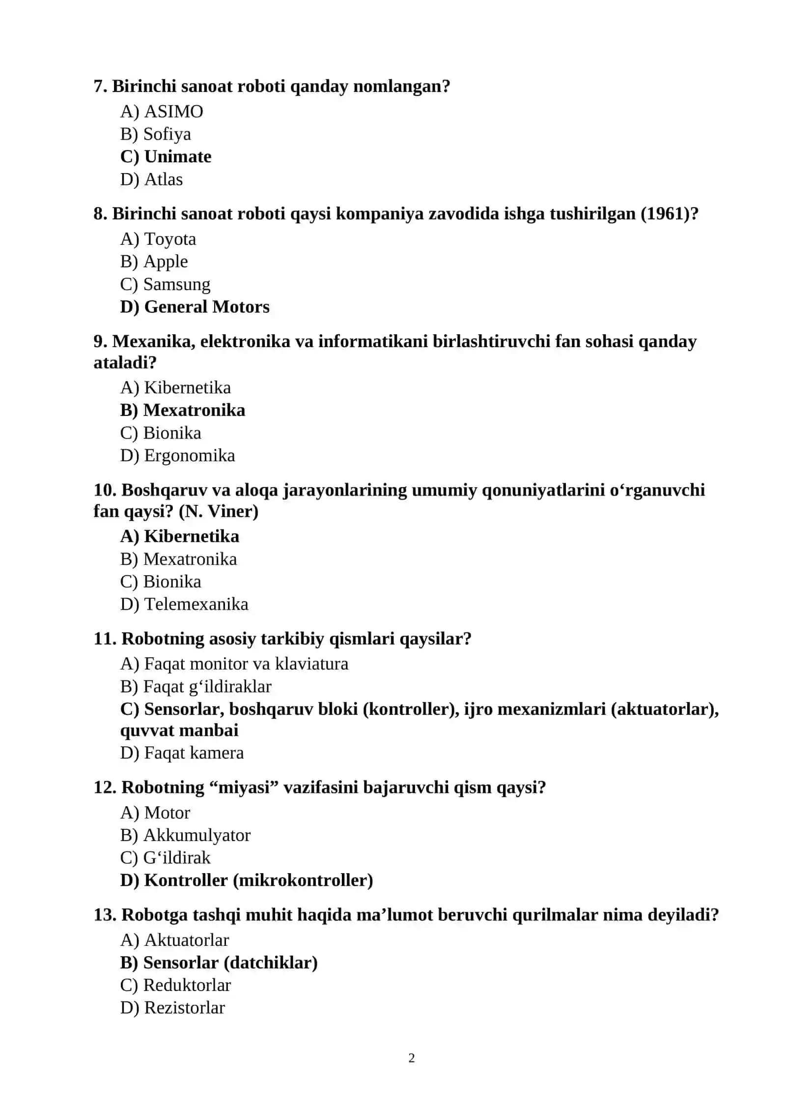 Robototexnika fanidan 100 ta test savollari javoblari bilan 2