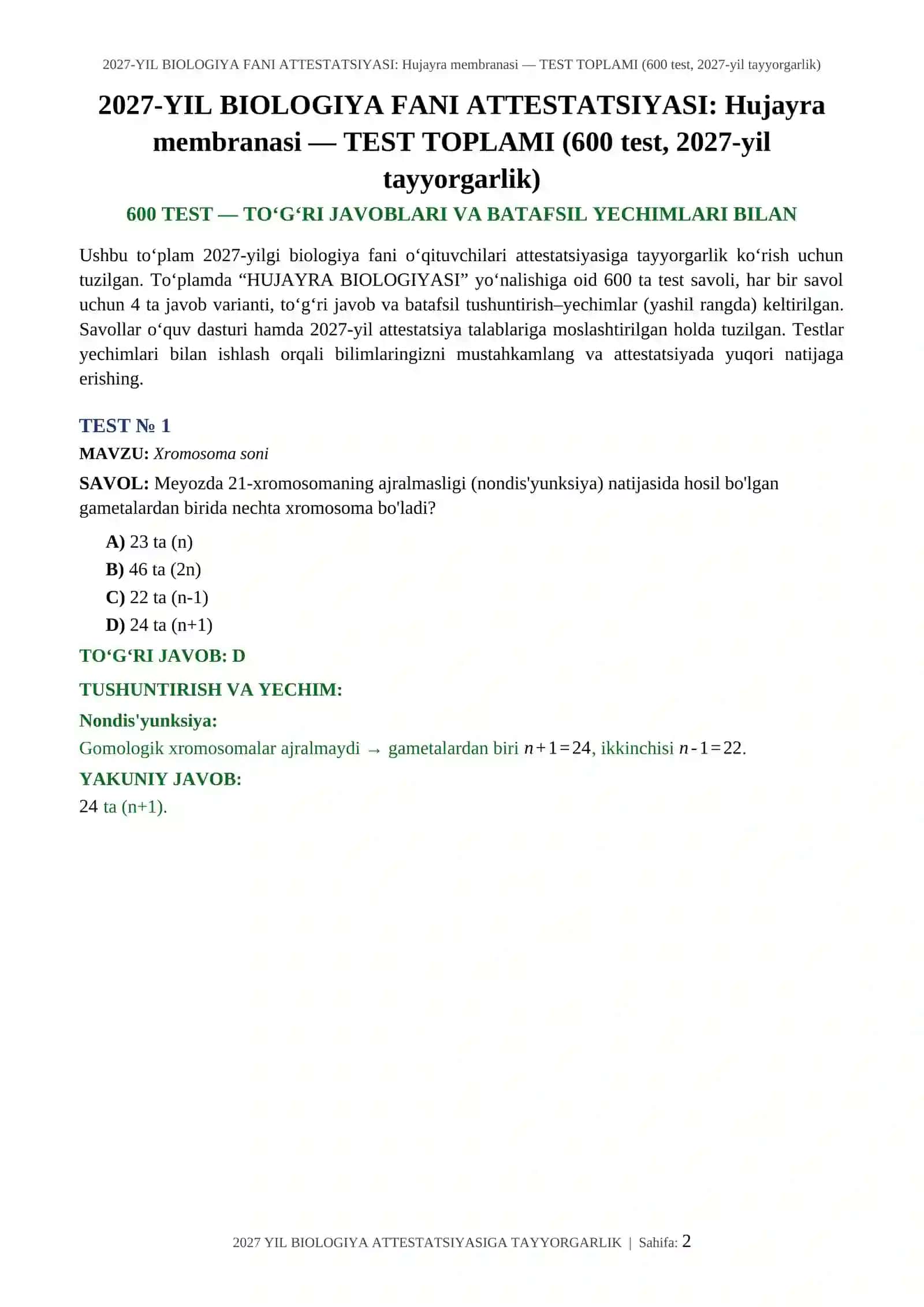 2027-YIL BIOLOGIYA FANI ATTESTATSIYASI: Hujayra membranasi — TEST TOPLAMI (600 test, 2027-yil tayyorgarlik) 2
