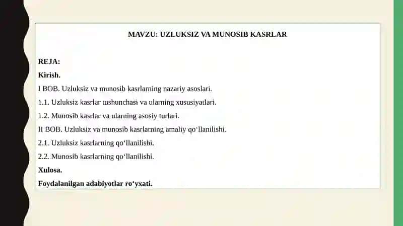 UZLUKSIZ VA MUNOSIB KASRLAR 2
