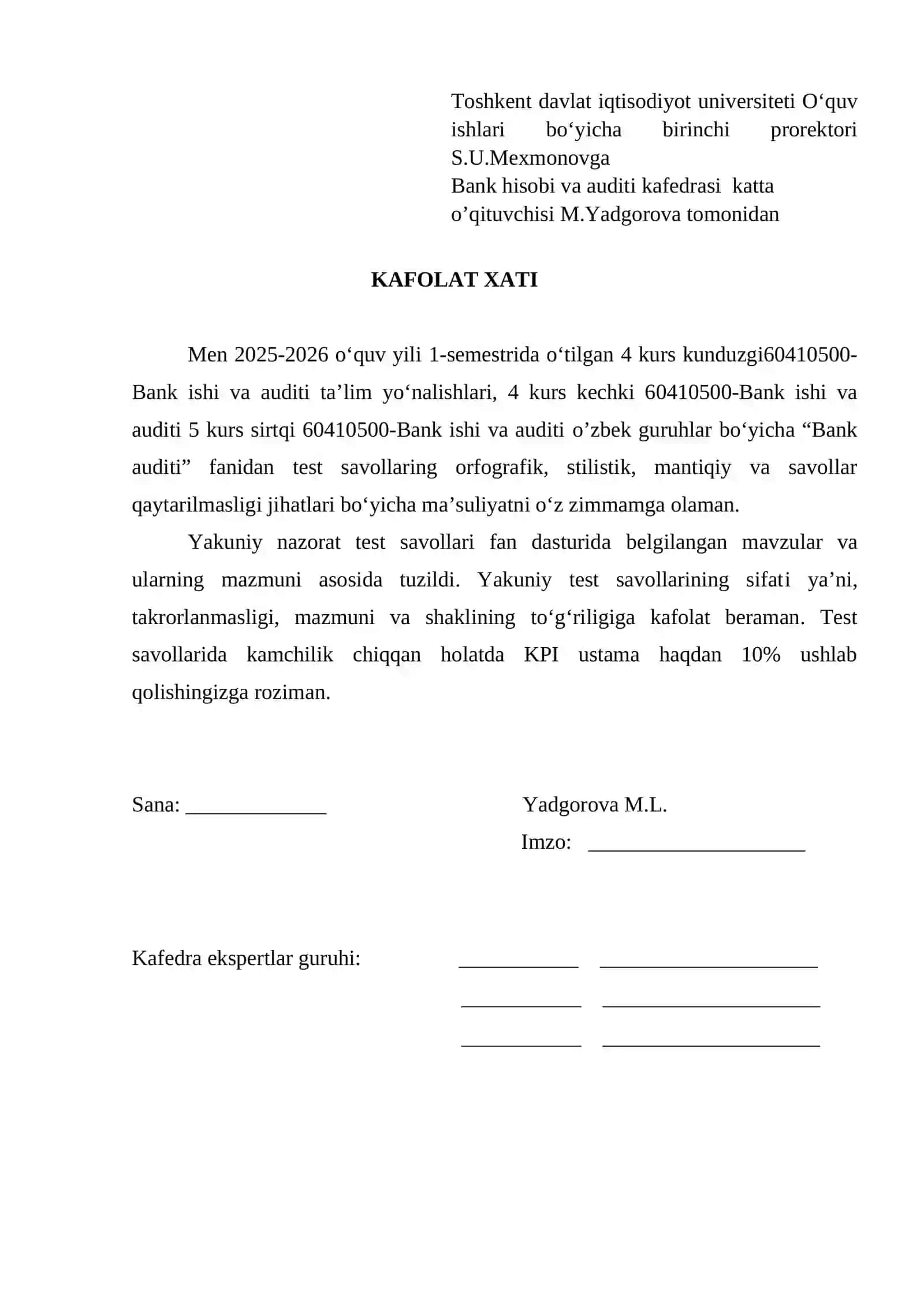 BANK AUDITI FANIDAN YAKUNIY NAZORAT SAVOLLARI 2
