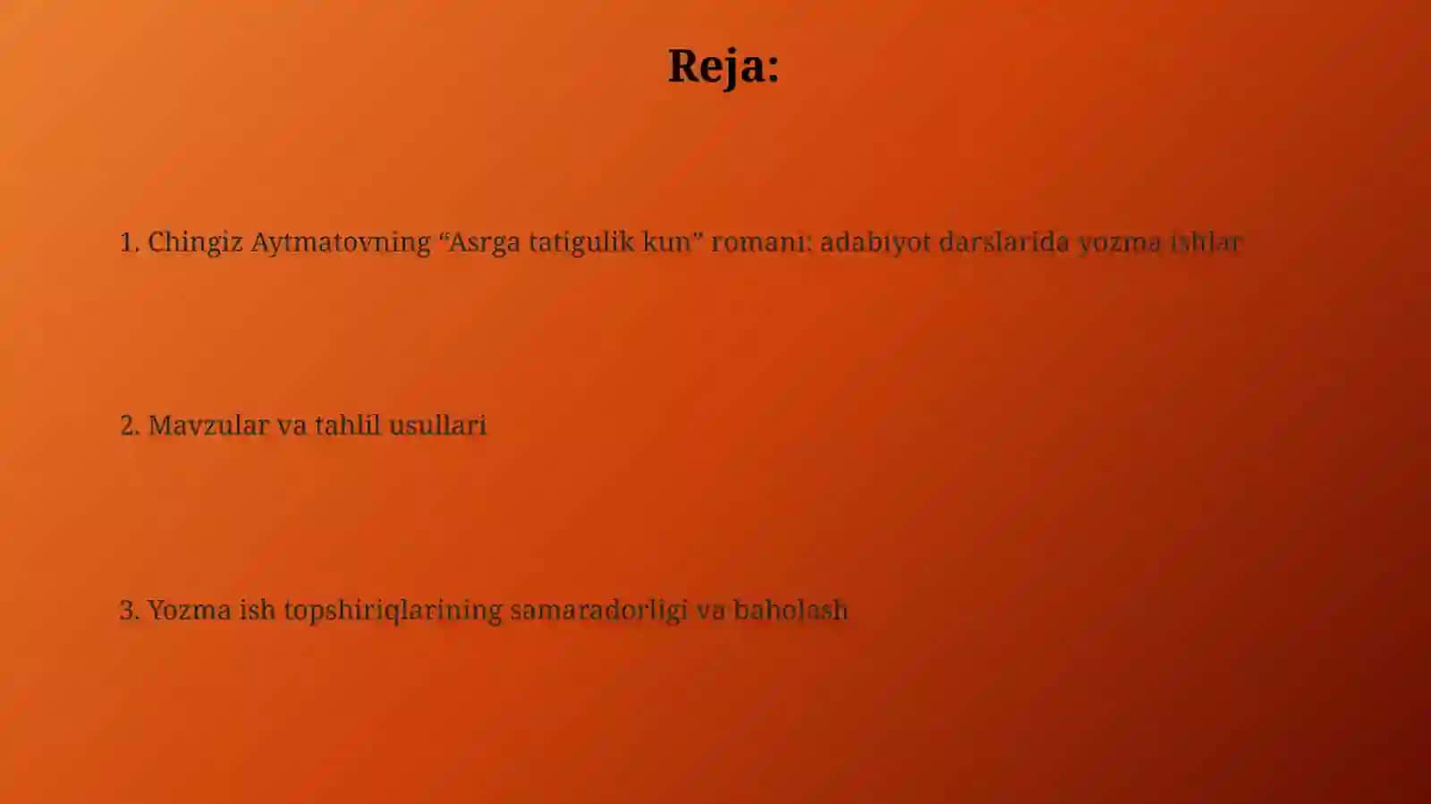Adabiyot darslarida yozma topshiriqlar Chingiz Aytmatovning Asrga tatigulik kun romani asosida 2
