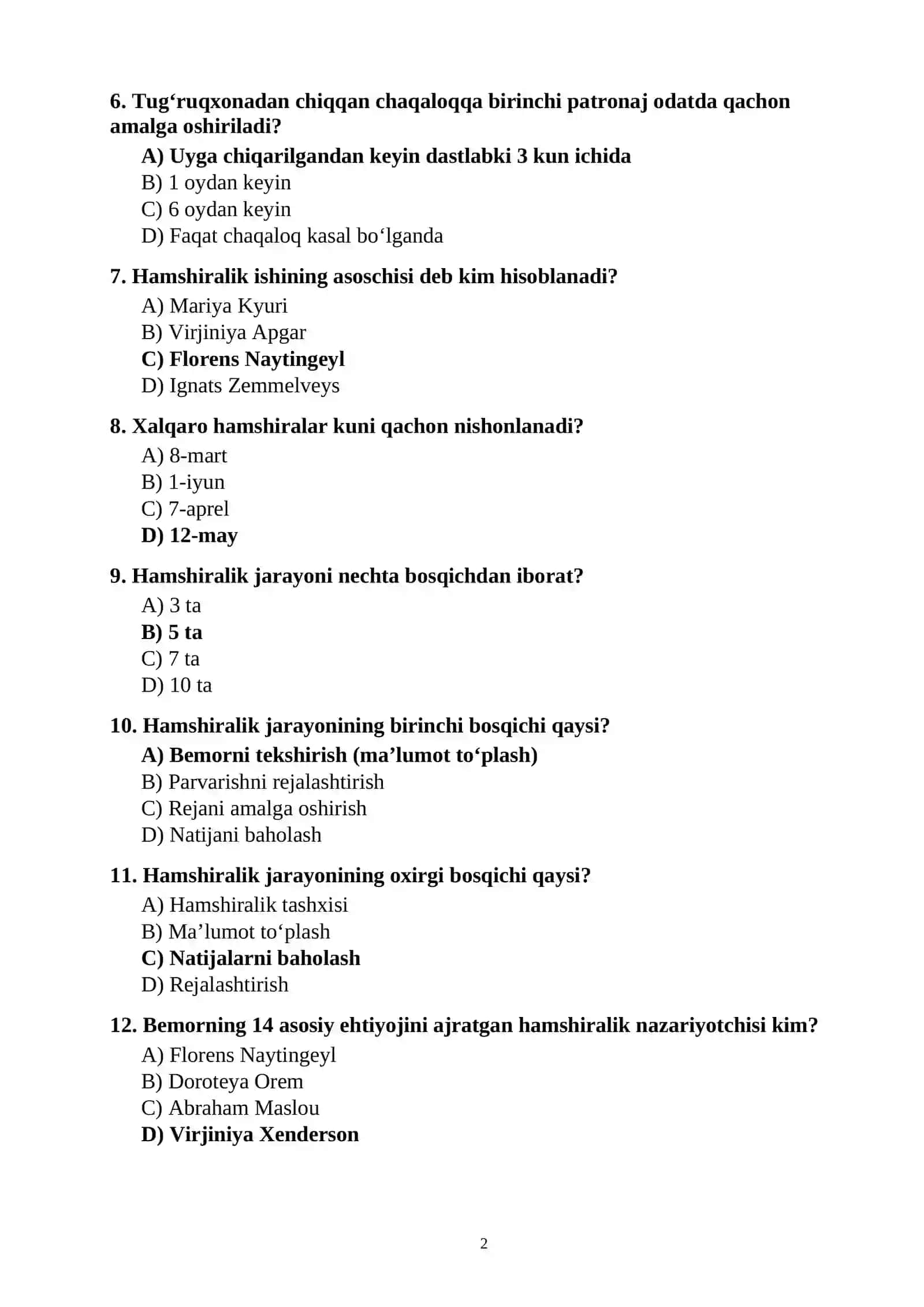 HAMSHIRALIK ISHI (PATRONAJ HAMSHIRALARI) MUTAXASSISLIGI BO‘YICHA 100 TA TEST SAVOLLARI JAVOBLARI BILAN 2