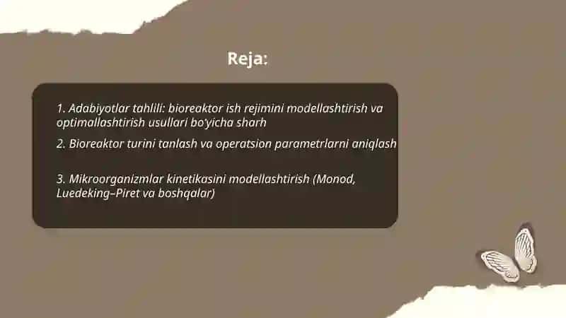 Bioreaktor ish rejimini modellashtirish va optimallashtirish boʻyicha loyiha tayyorlash 2