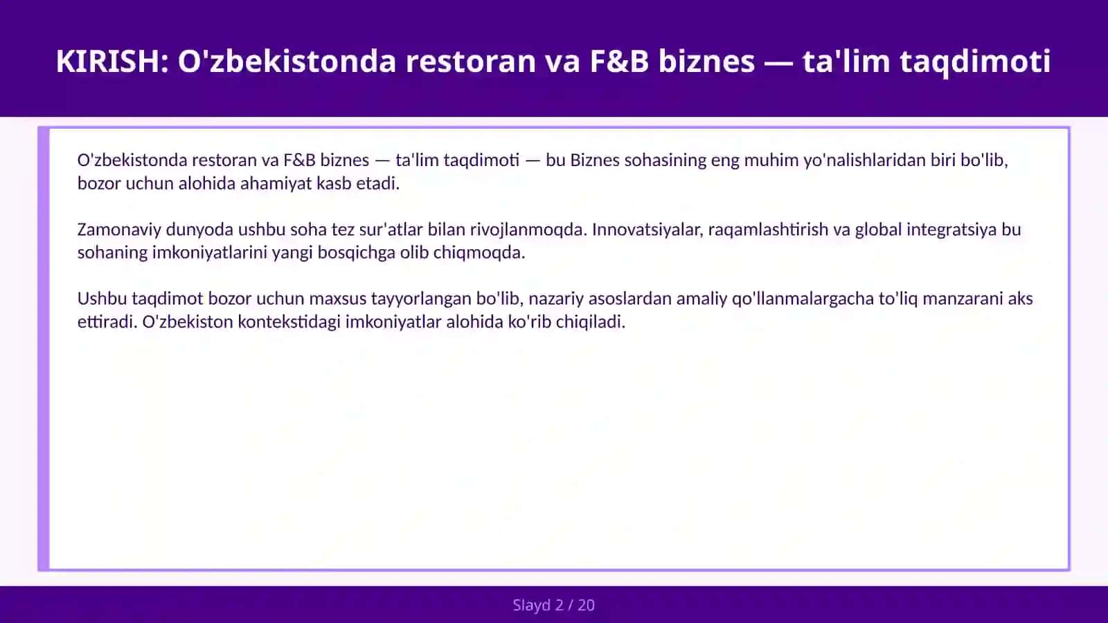 O'ZBEKISTONDA RESTORAN VA F&B BIZNES — TA'LIM TAQDIMOTI 2