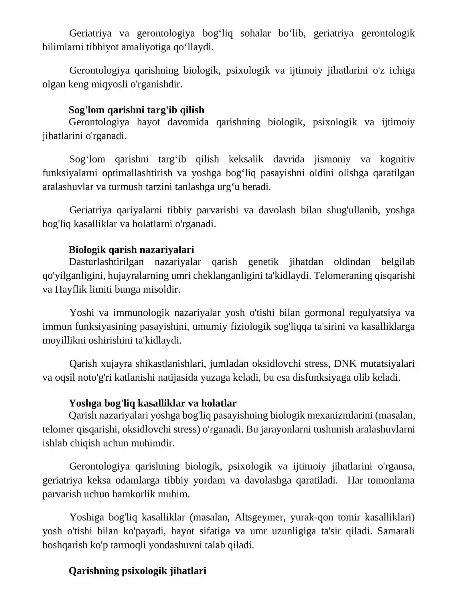 Qarish va u bilan bog’liq nazariyalar. Gerantologiya. Geratriya 2