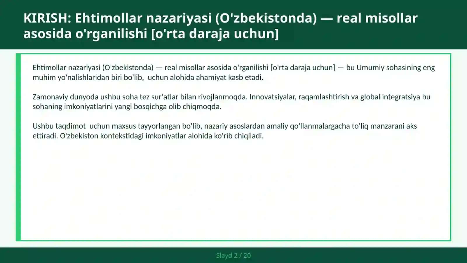 Ehtimollar nazariyasi (O'zbekistonda) — real misollar asosida o'rganilishi [o'rta daraja uchun] 2