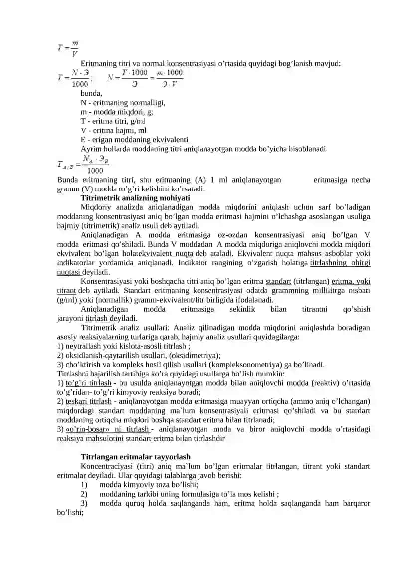 Titrimetrik analiz asoslari va usullari. Konsentratsiya turlari 2