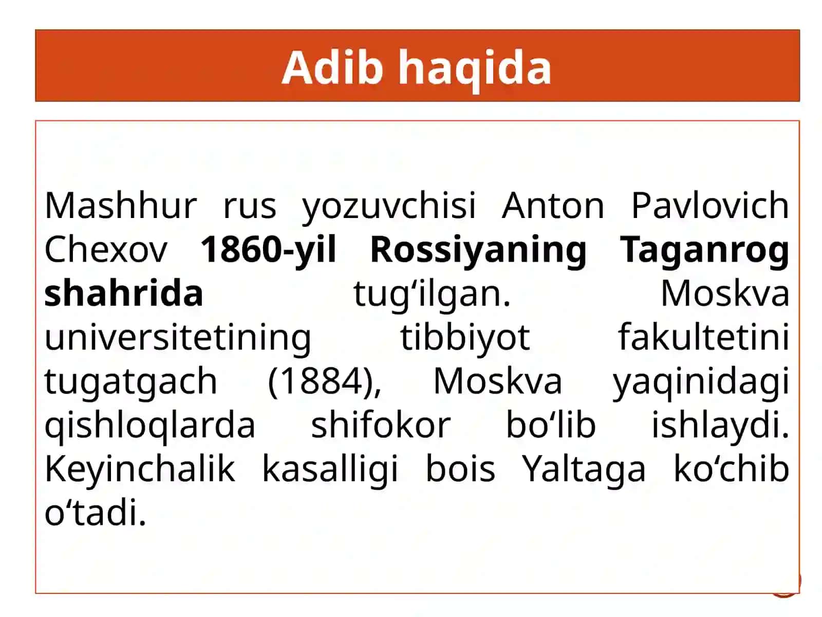11-sinf Adabiyot dars ishlanma. Anton Pavlovich Chexov hayoti va ijodi. Garov hikoyasi 2