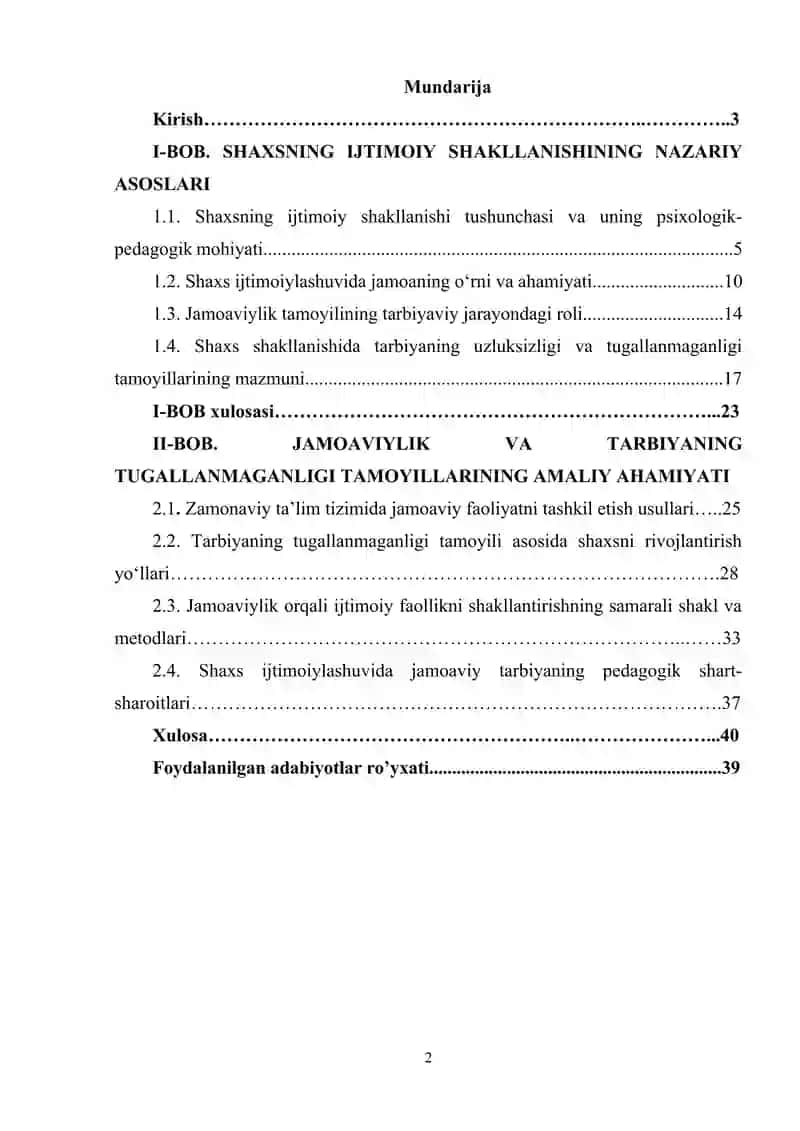 Shaxsning ijtimoiy shakillanishida jamoaviylik va tarbiyaning tugallanmaganligi tamoyillaruning o’rni 2