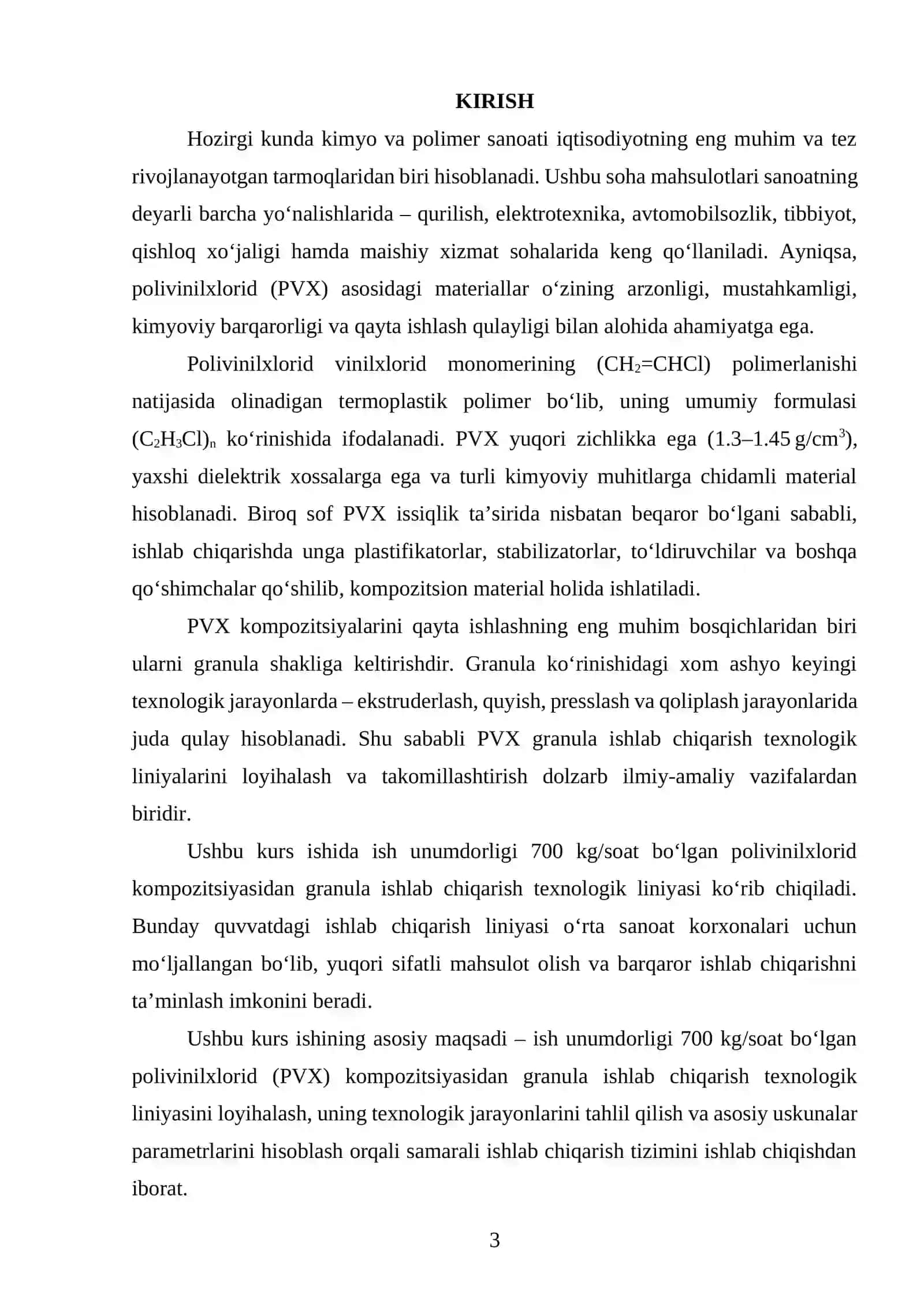 Ish unumdorligini 700 kg/soat boʻlgan polivinilxlorid kompozitsiyasidan granula ishlab chiqaradigan texnologik liniyani loyihalash 2