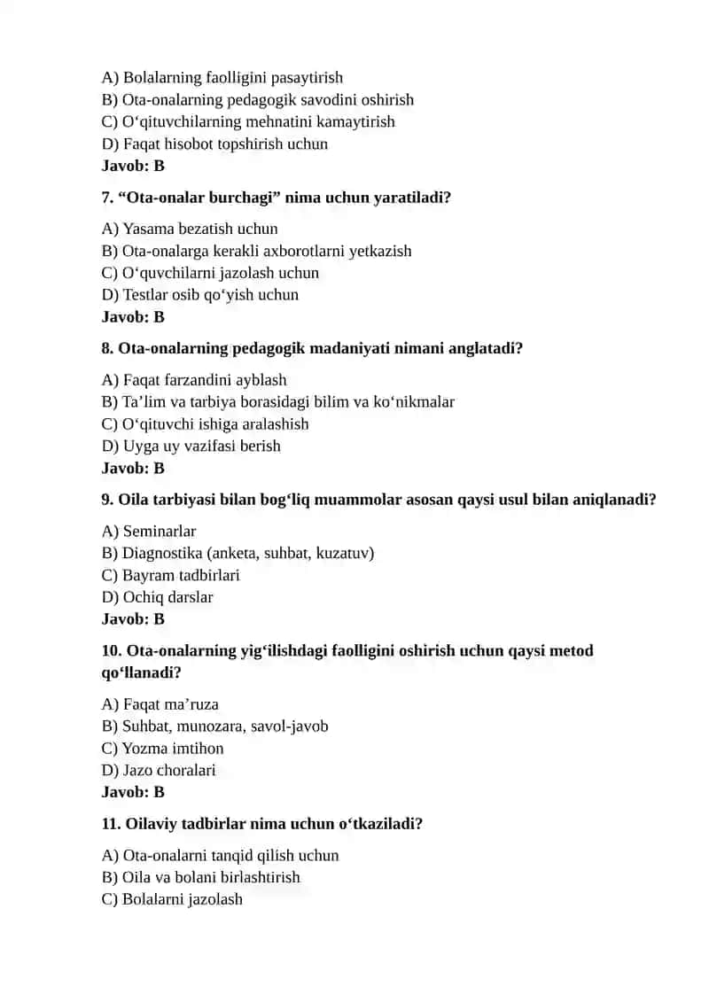 Ota-onalar bilan ishlashning shakl va metodlari test 2