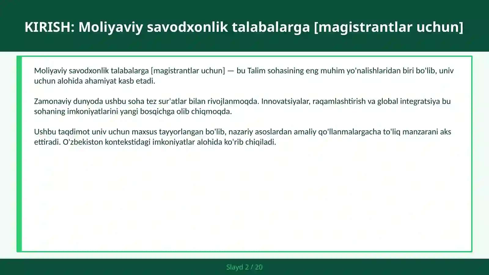 Moliyaviy savodxonlik talabalarga [magistrantlar uchun] 2
