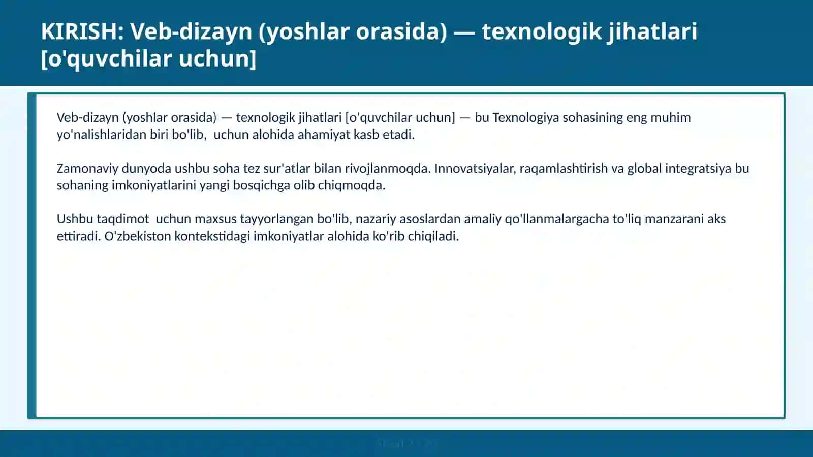 VEB-DIZAYN (YOSHLAR ORASIDA) — TEXNOLOGIK JIHATLARI [O'QUVCHILAR UCHUN] 2
