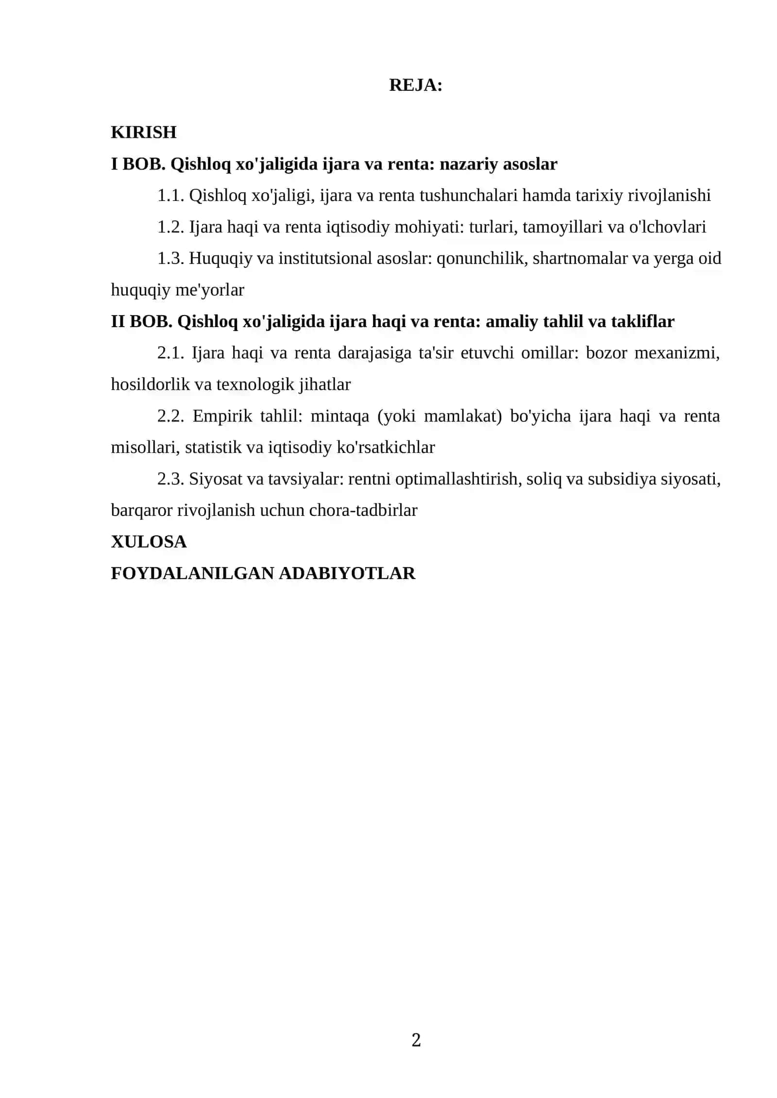 “QISHLOQ HO’JALIGI:IJARA HAQI VA RENTA” MAVZUSIDA TAYYOR KURS ISHI 2
