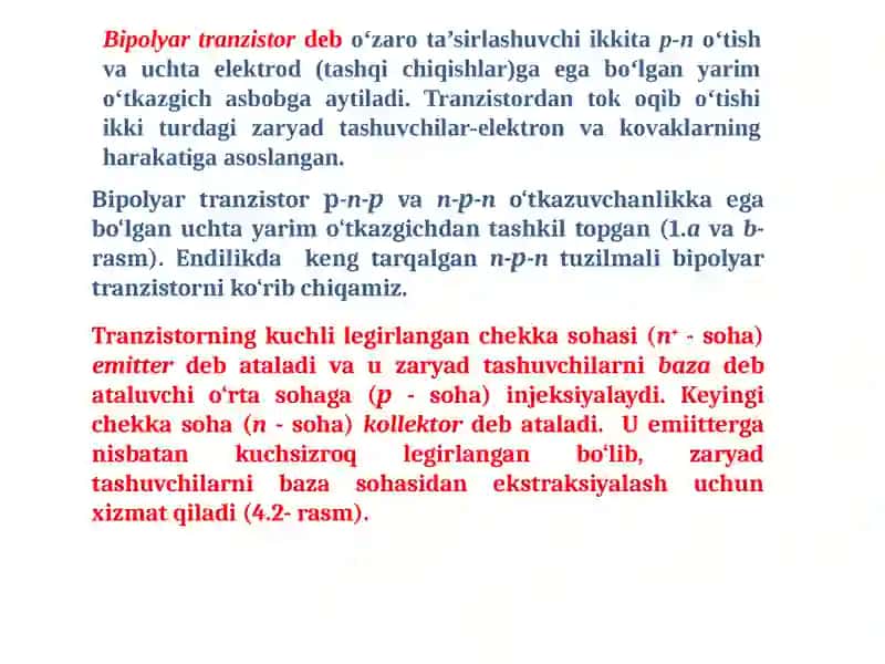 Bipolyar tranzistor р-n-рvan-р-no‘tkazuvchanlikka ega bo‘lgan uchta yarim o‘tkazgich 2