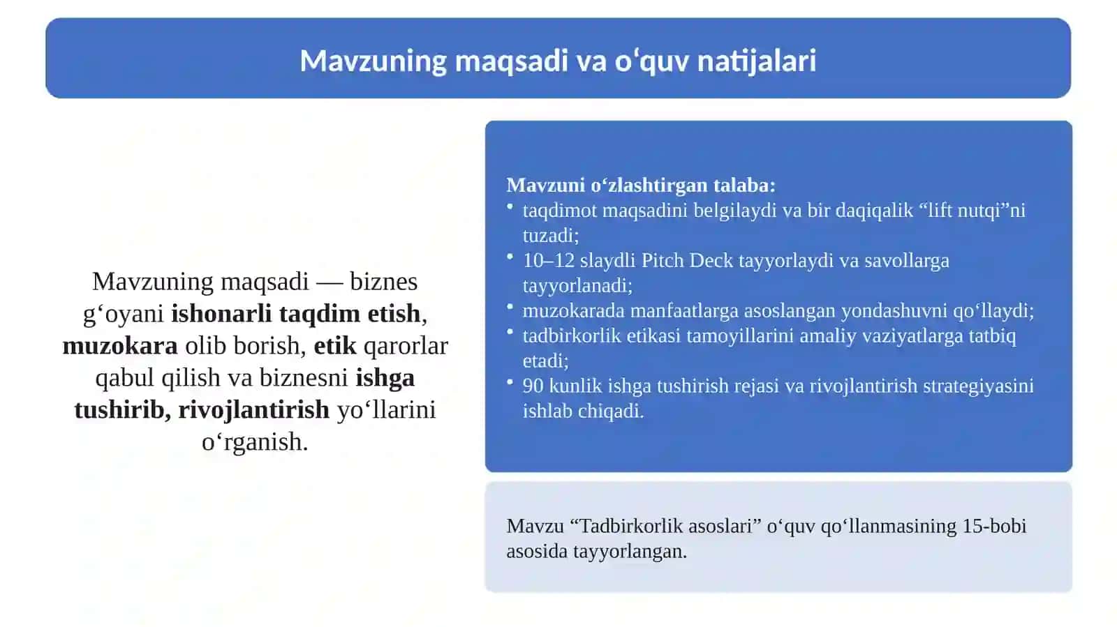 Biznes g‘oyani taqdim etish va tadbirkorlik yo‘lini boshlash 2