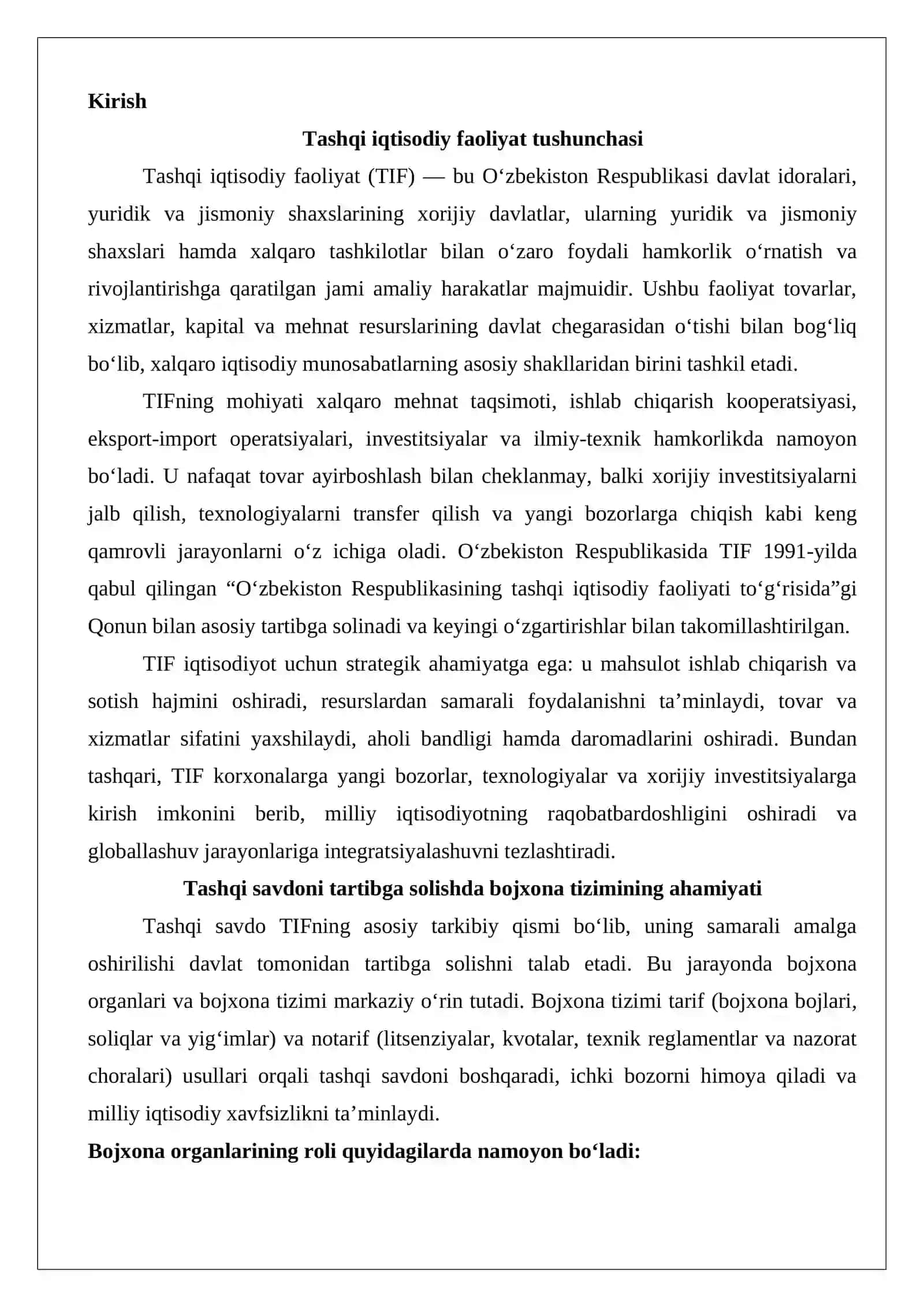 Tashqi iqtisodiy faoliyatni tartibga solishda bojxona organlarining o‘rni 2