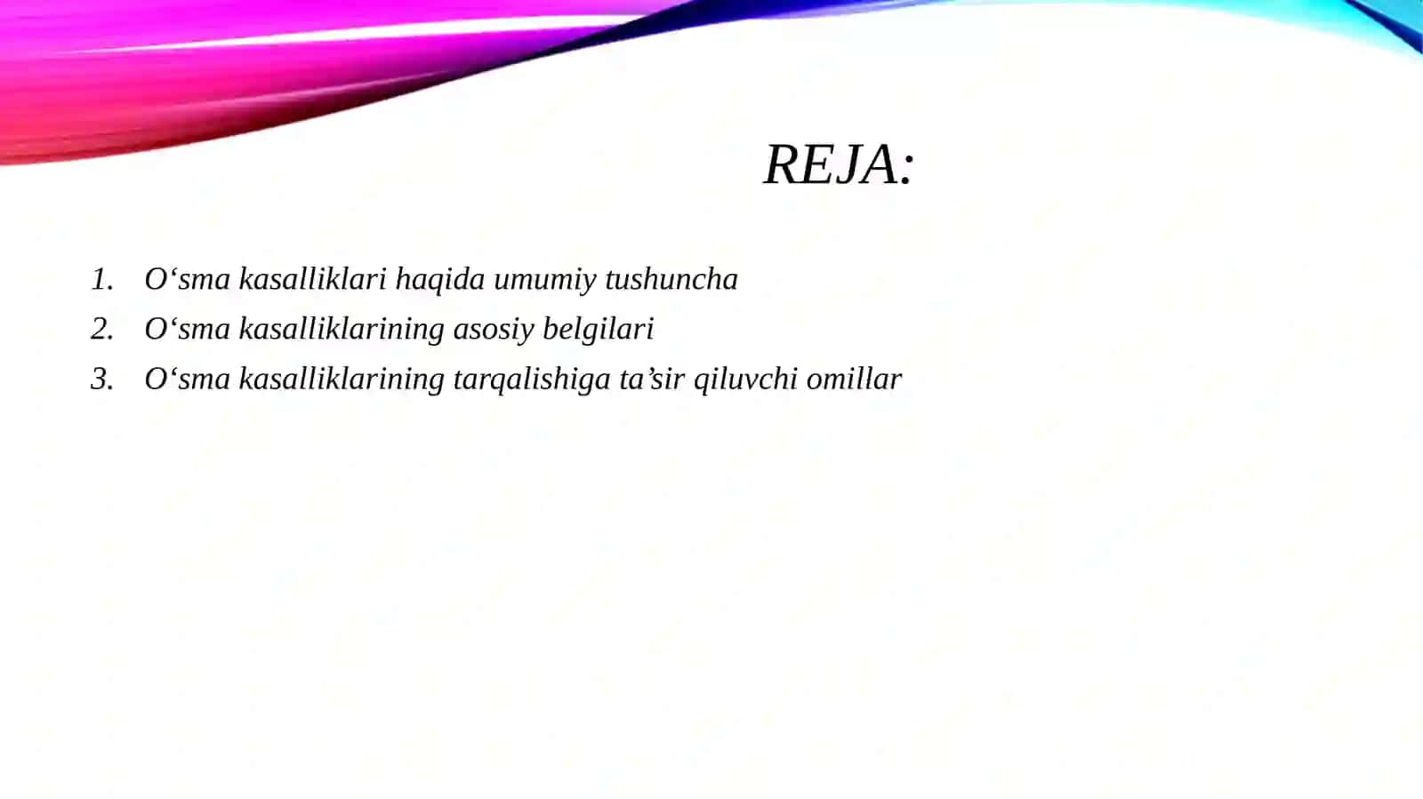 O‘sma kasalliklarini belgilari va uning tarqalishi ko‘rsatkichlarini tahlil etish. 2