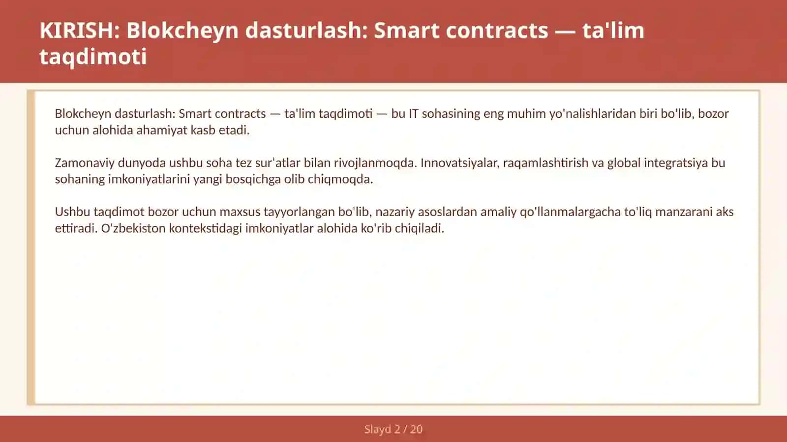 Blokcheyn dasturlash: Smart contracts — ta'lim taqdimoti 2