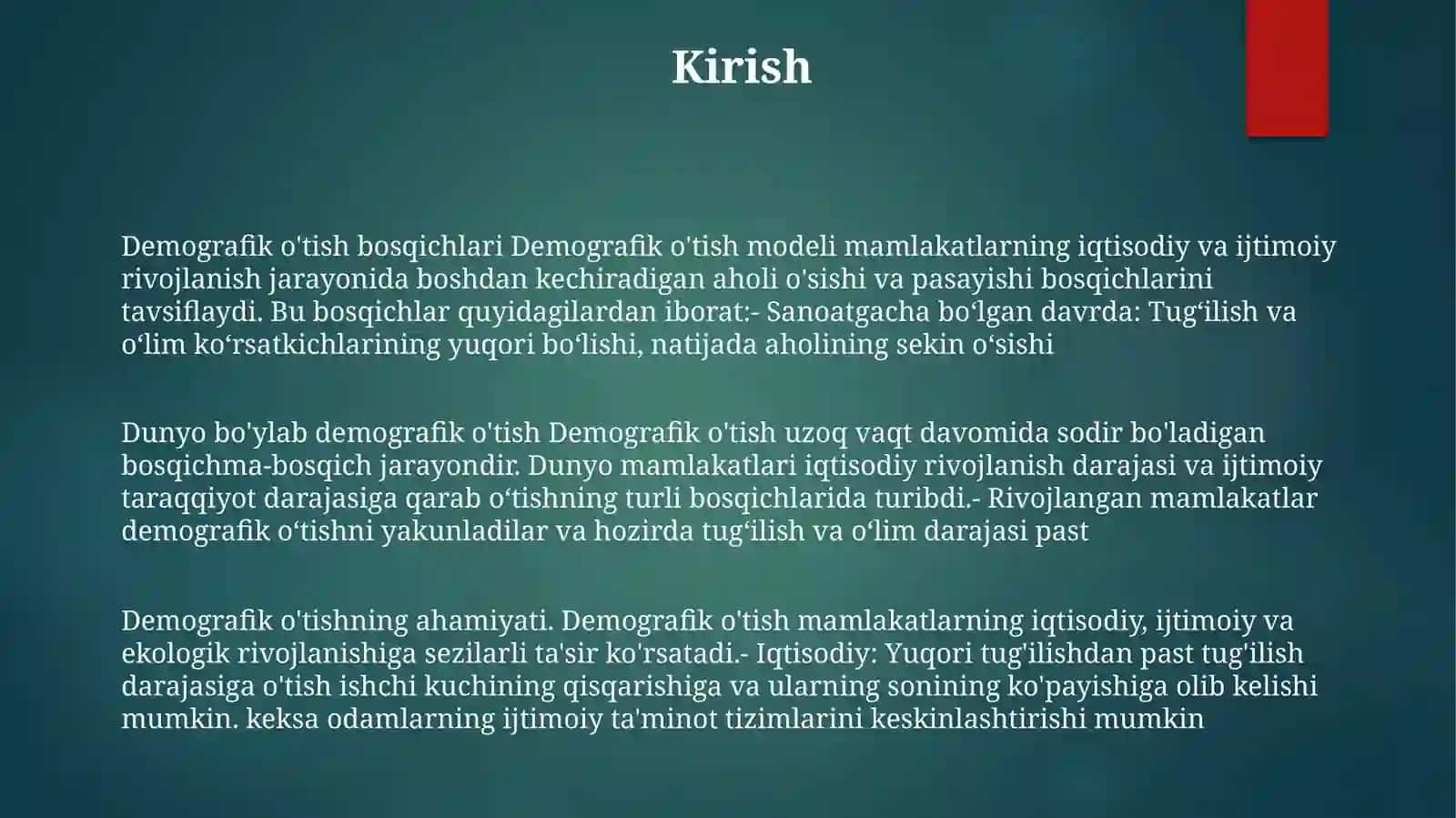 Demografik OʻTish Bosqichlari Va Ushbu JarayonniDunyo Hududlari 2
