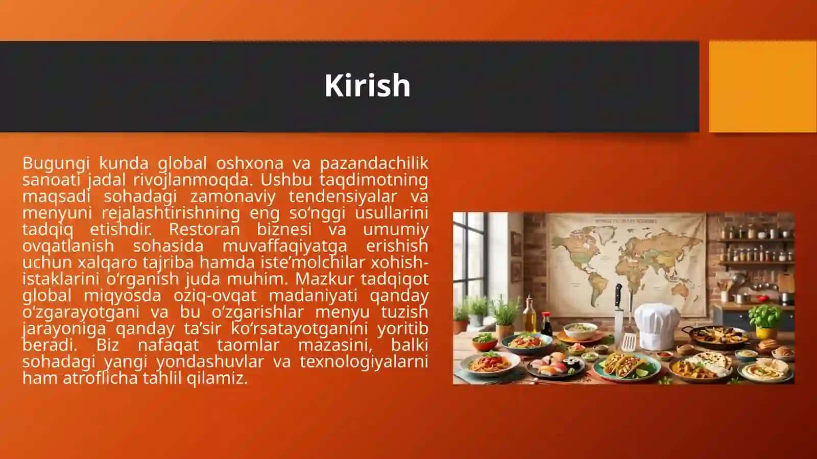 Global oshxonadagi mavjud tendentsiyalar va ishlanmalarni aks ettiruvchi tadqiqot va menyularni rejalashtirish 2