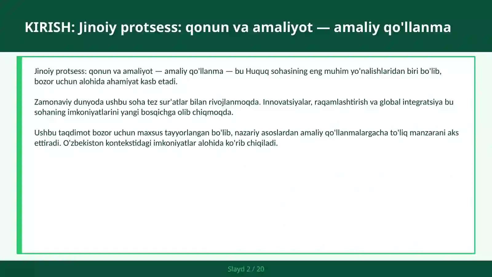 Jinoiy protsess: qonun va amaliyot — amaliy qo'llanma 2