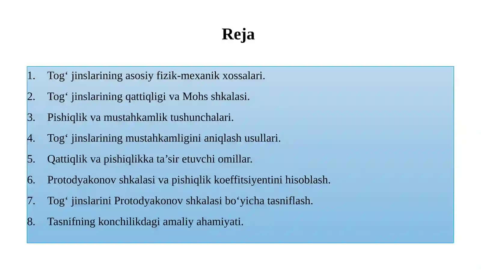 Tog‘jinslarining qattiqligi, pishiqligi va ularni Protodyakonov shkalasi bo‘yicha tasniflash 2