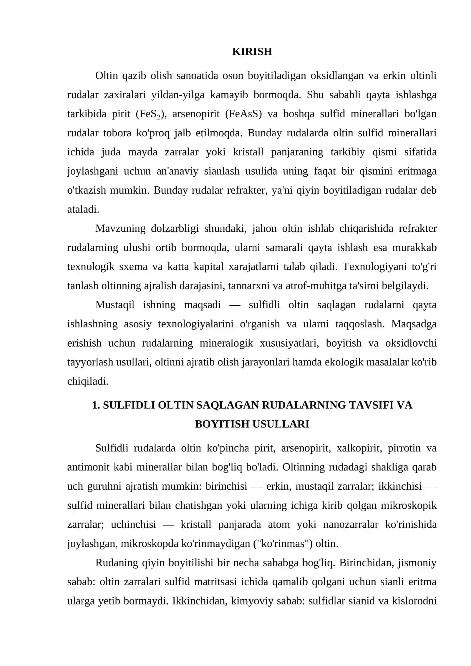 Sulfidli oltin saqlagan rudalarni qayta ishlash texnologiyasi 2