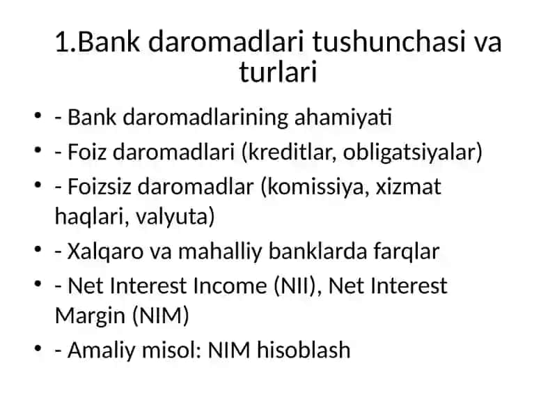Bank daromadlari va xarajatlari tahlili 2