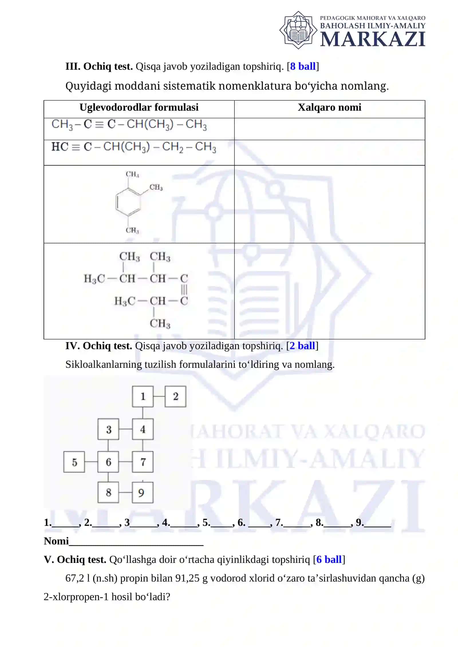 Kimyo fanini o‘zlashtirish test varianti 2