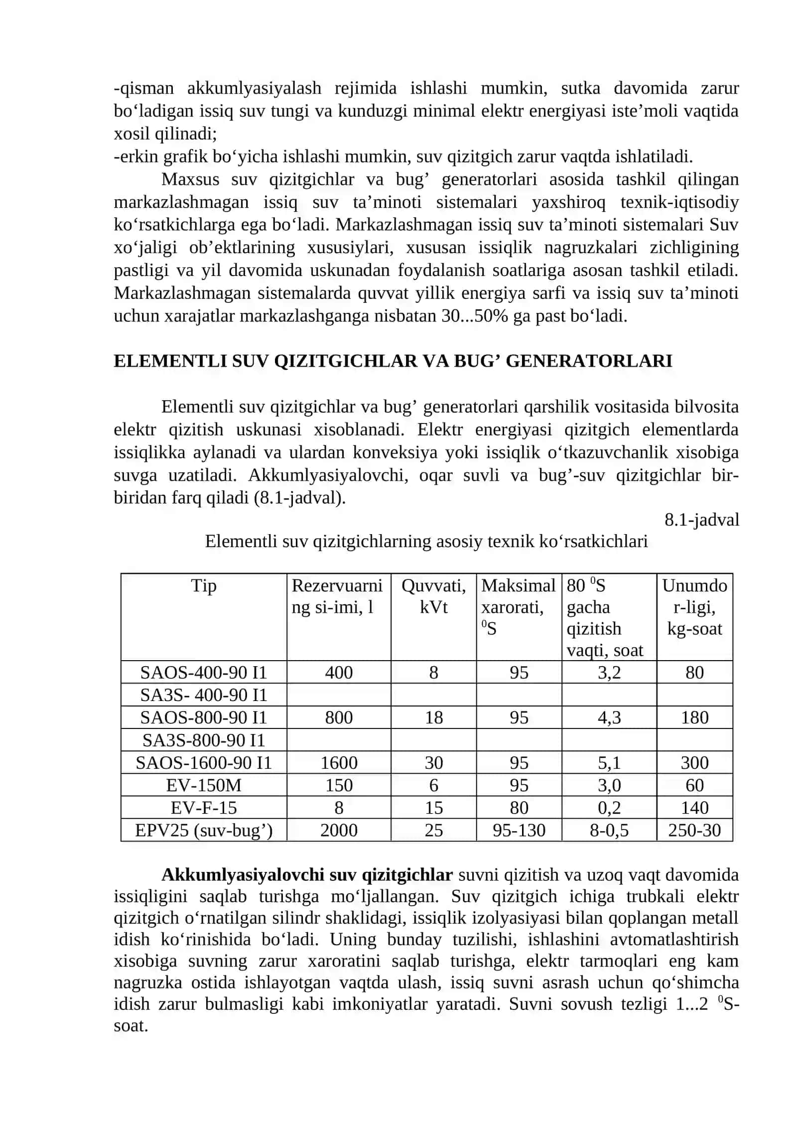 QISHLOQ VA SUV XO‘JALIGI ELEKTR ISITISH USKUNALARI. ELEKTR SUV QIZITGICHLAR, BUG‘ GENERATORLARI VA ELEKTR BUG‘ QOZONLARI 2