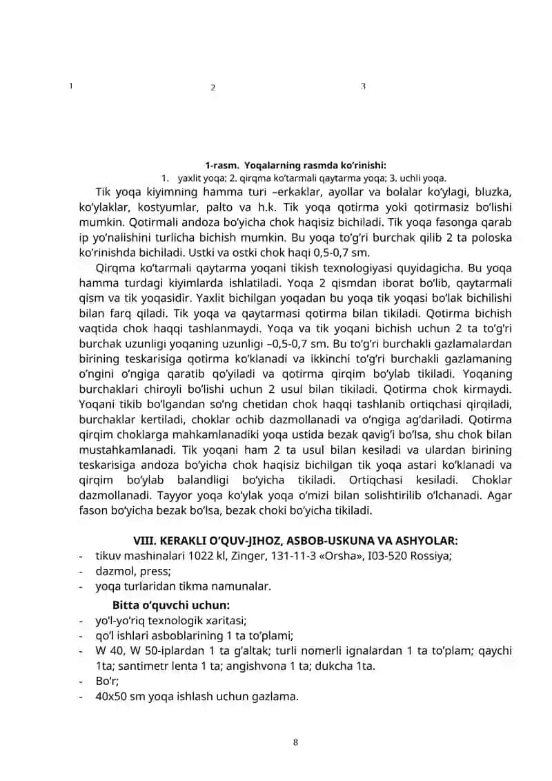 Tikuvchilik ishlab chiqarish tayyorlov yo'nalishi bo'yicha o'quv amaliyoti 2