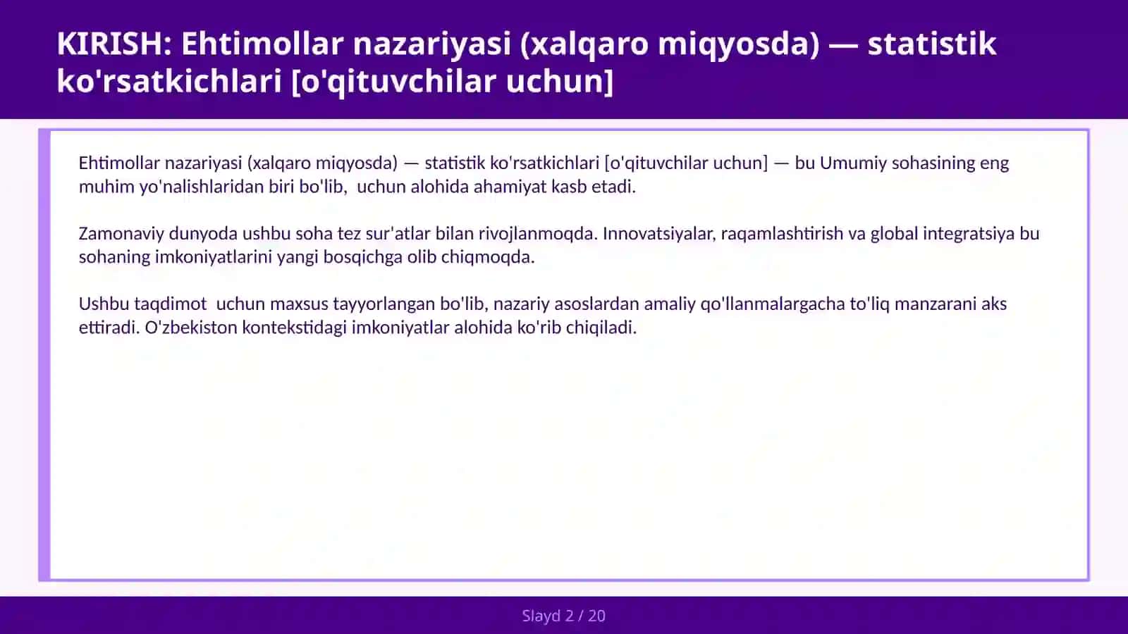 Ehtimollar nazariyasi (xalqaro miqyosda) — statistik ko'rsatkichlari [o'qituvchilar uchun] 2