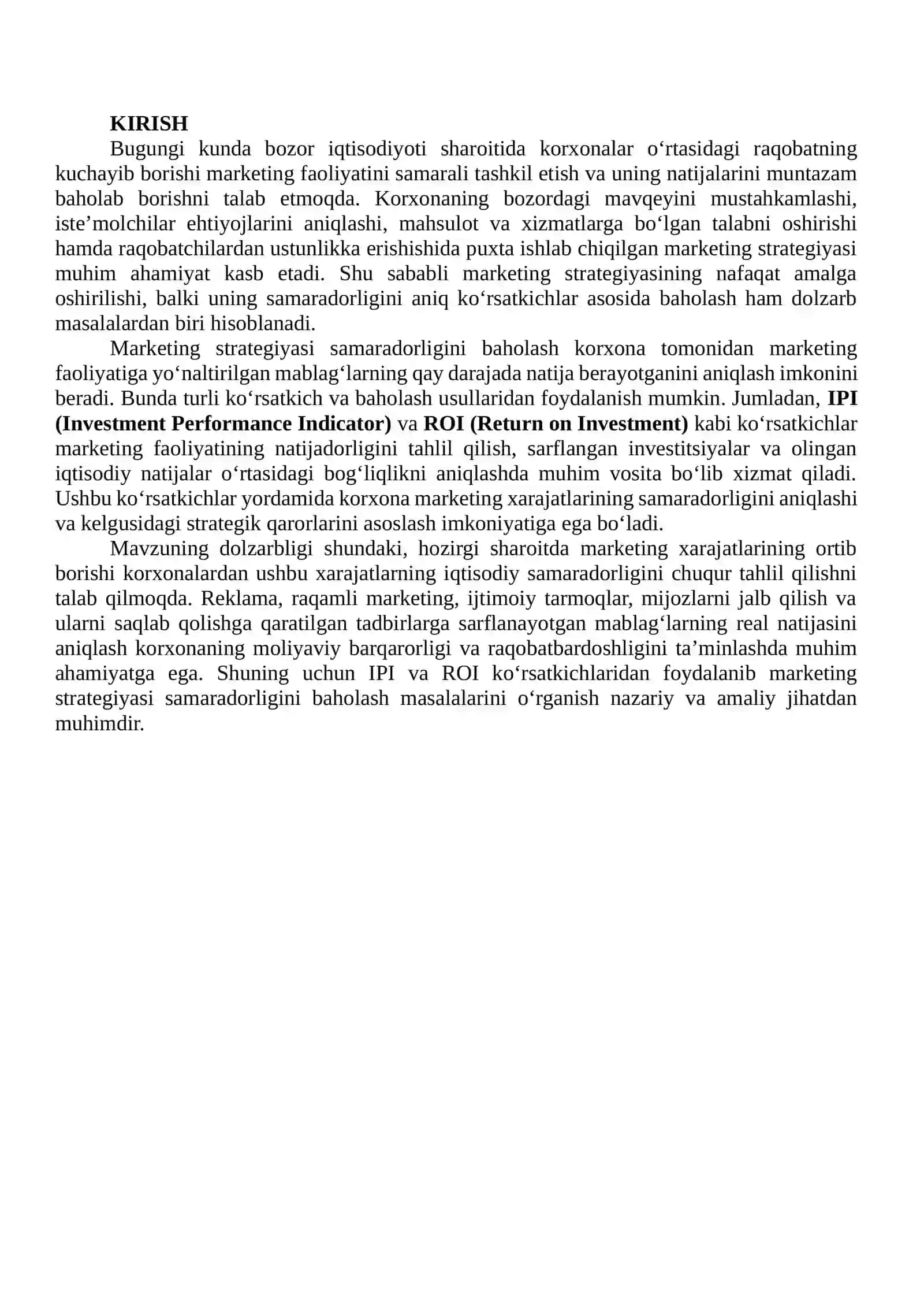 Marketing strategiyasi samaradorligini baholash (IPI va ROI) 2