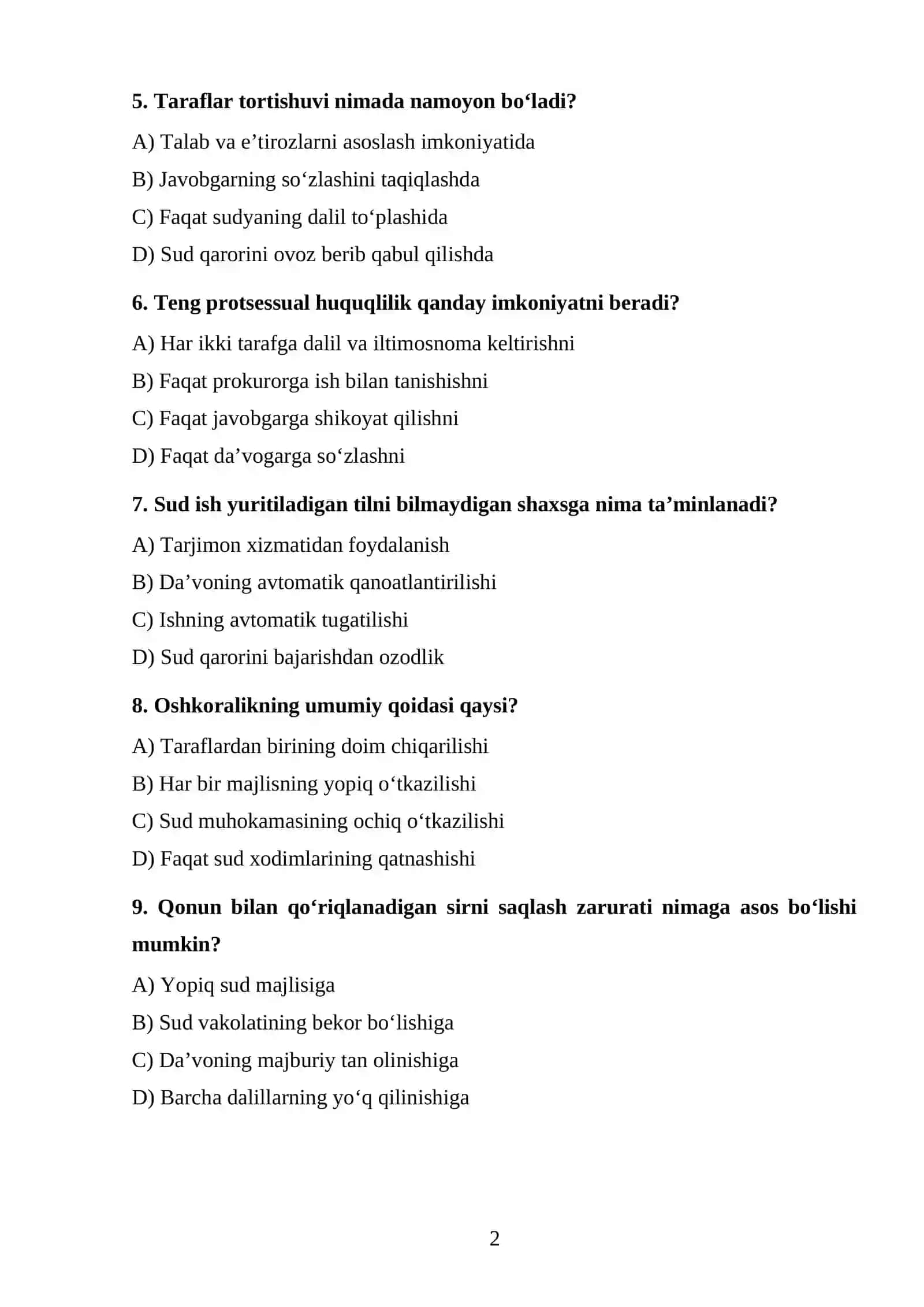 Iqtisodiy protsessual huquq prinsiplari tushunchasi TEST 2