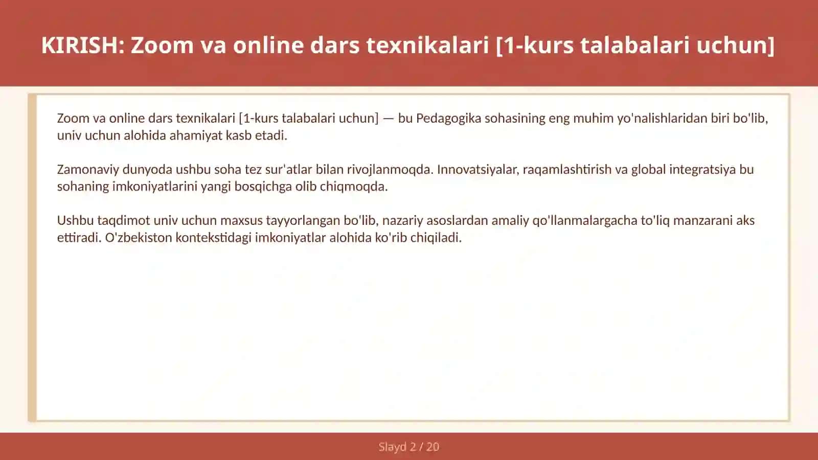 Zoom va online dars texnikalari [1-kurs talabalari uchun] 2