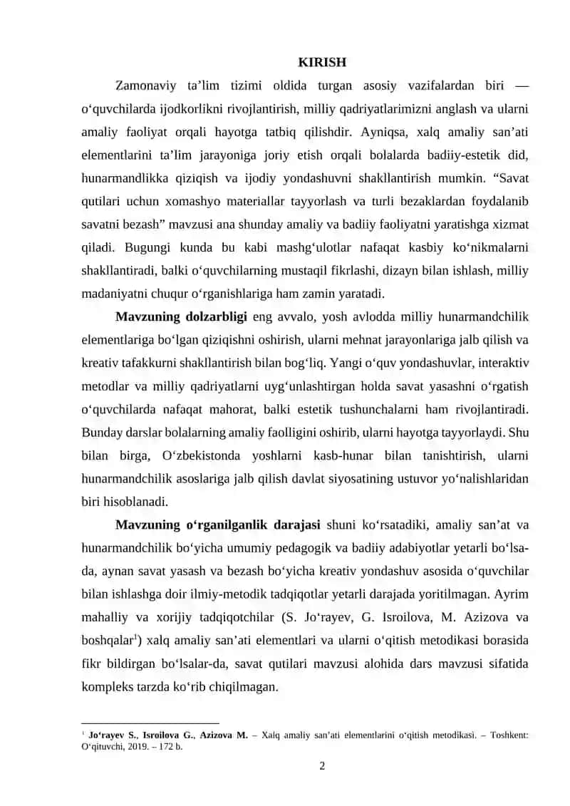 SAVAT QUTILARI UCHUN XOMASHYO MATERIALLAR TAYYORLASH VA TURLI BEZAKLARDAN FOYDALANIB SAVATNI BEZASH 2