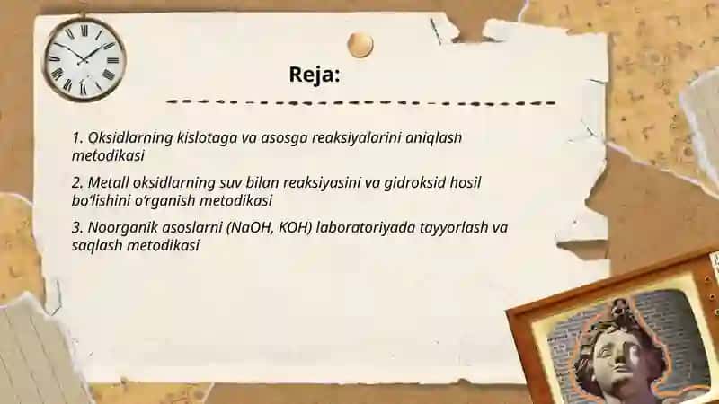 Anorganik birikmalarning asosiy sinflari mavzusiga oid tajribalar o‘tkazish metodikasi. Oksidlar, asoslar xossalariga oid tajribalar o‘tkazish 2