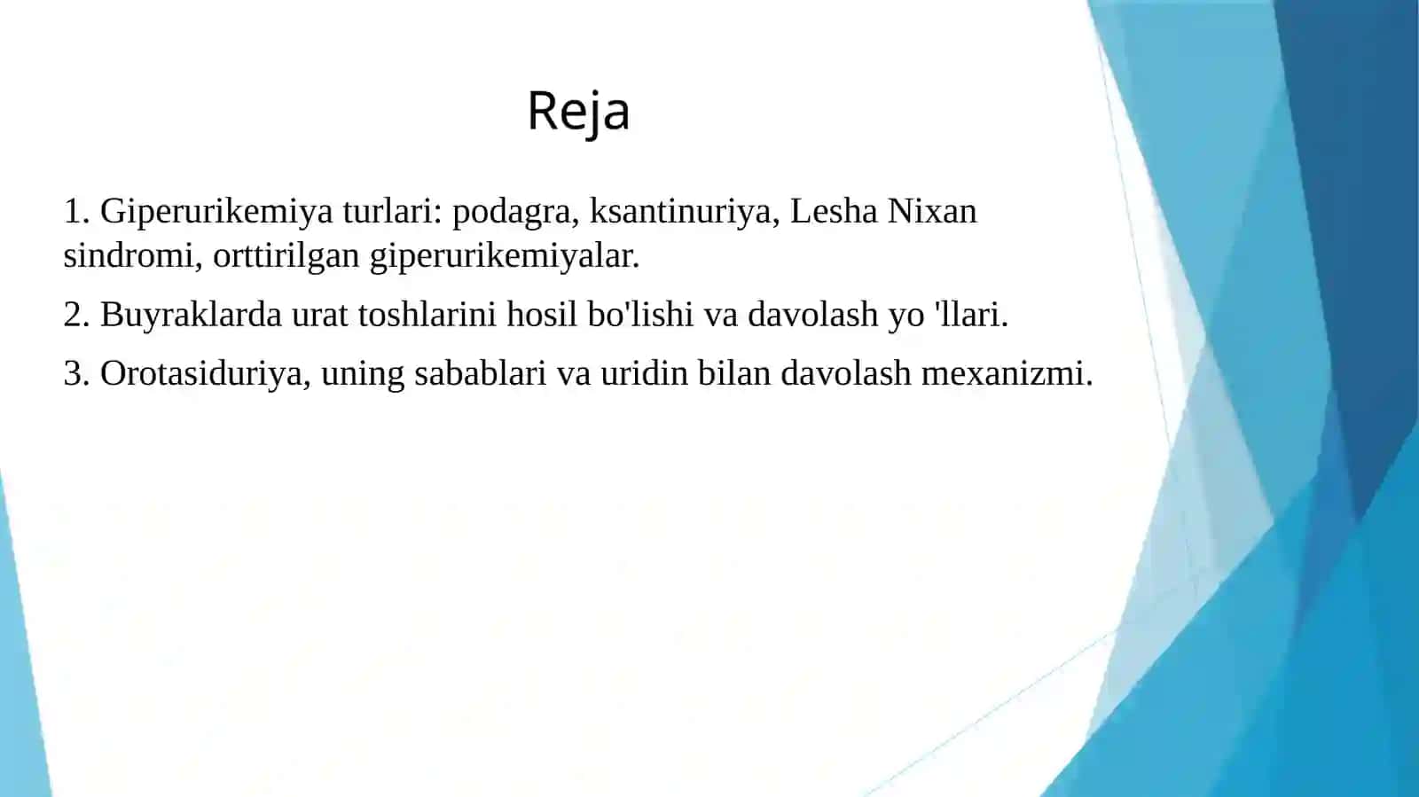 Giperurikemiya turlari: podagra, ksantinuriya, Lesha Nixan sindromi, orttirilgan giperurikemiyalar. Buyraklarda urat toshlarini hosil bo 'lishi va davolash yo 'llari. Orotasiduriya, uning sabablari va uridin bilan davolash mexanizmi. 2