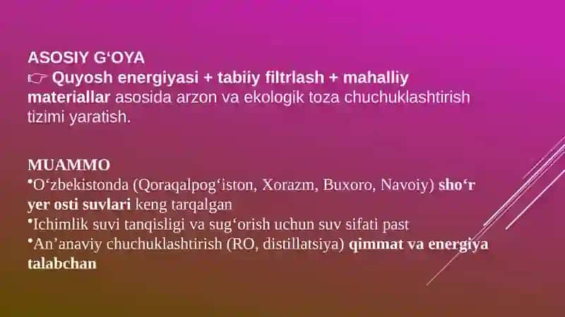 O'zberiston sharoitida sho'r suvlarini chuchuklashtirish go'yasini yaratish 2
