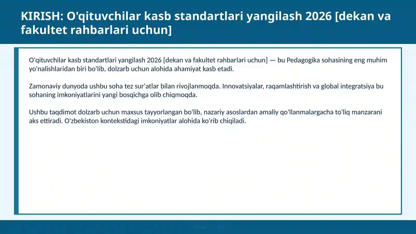 O'qituvchilar kasb standartlari yangilash 2026 [dekan va fakultet rahbarlari uchun] 2