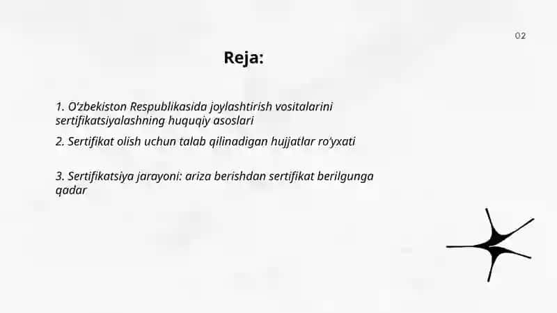 Oʻzbekiston Respublikasida joylashtirish vositalarini sertifikatsiyadan o'tkazish 2