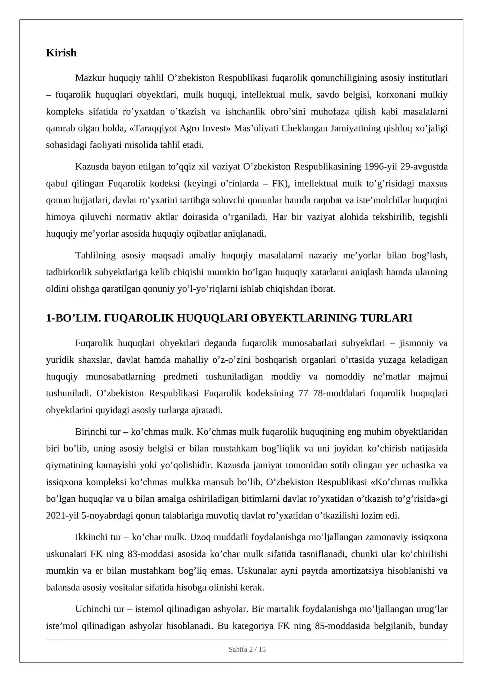 FUQAROLIK HUQUQLARI OBYEKTLARI VA ULARNING HUQUQIY TAVSIFI 2