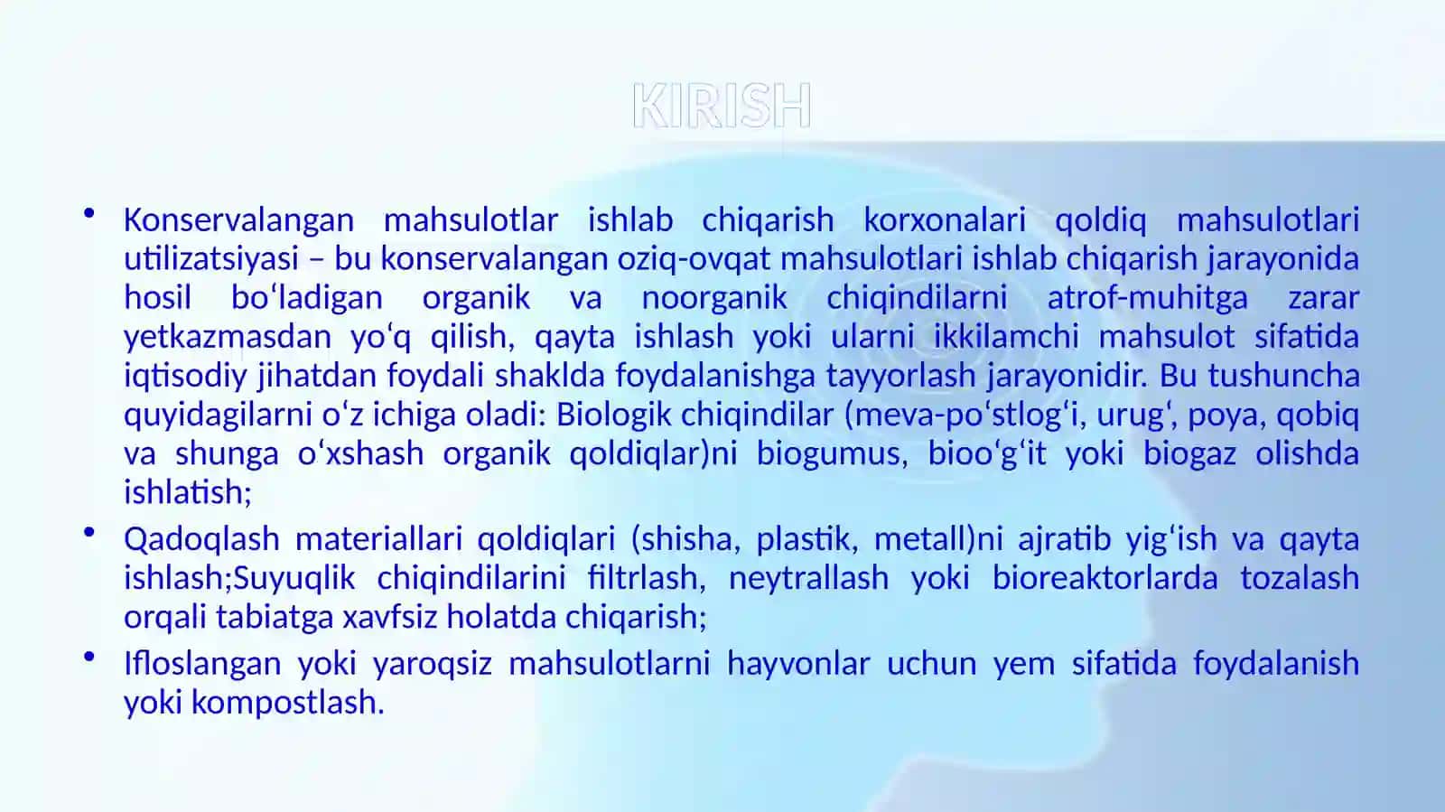 Konservalangan mahsulotlar ishlab chiqarish korxonalari qoldiq mahsulotlari utilizatsiyasi va ikkilamchi mahsulotlar olish 2