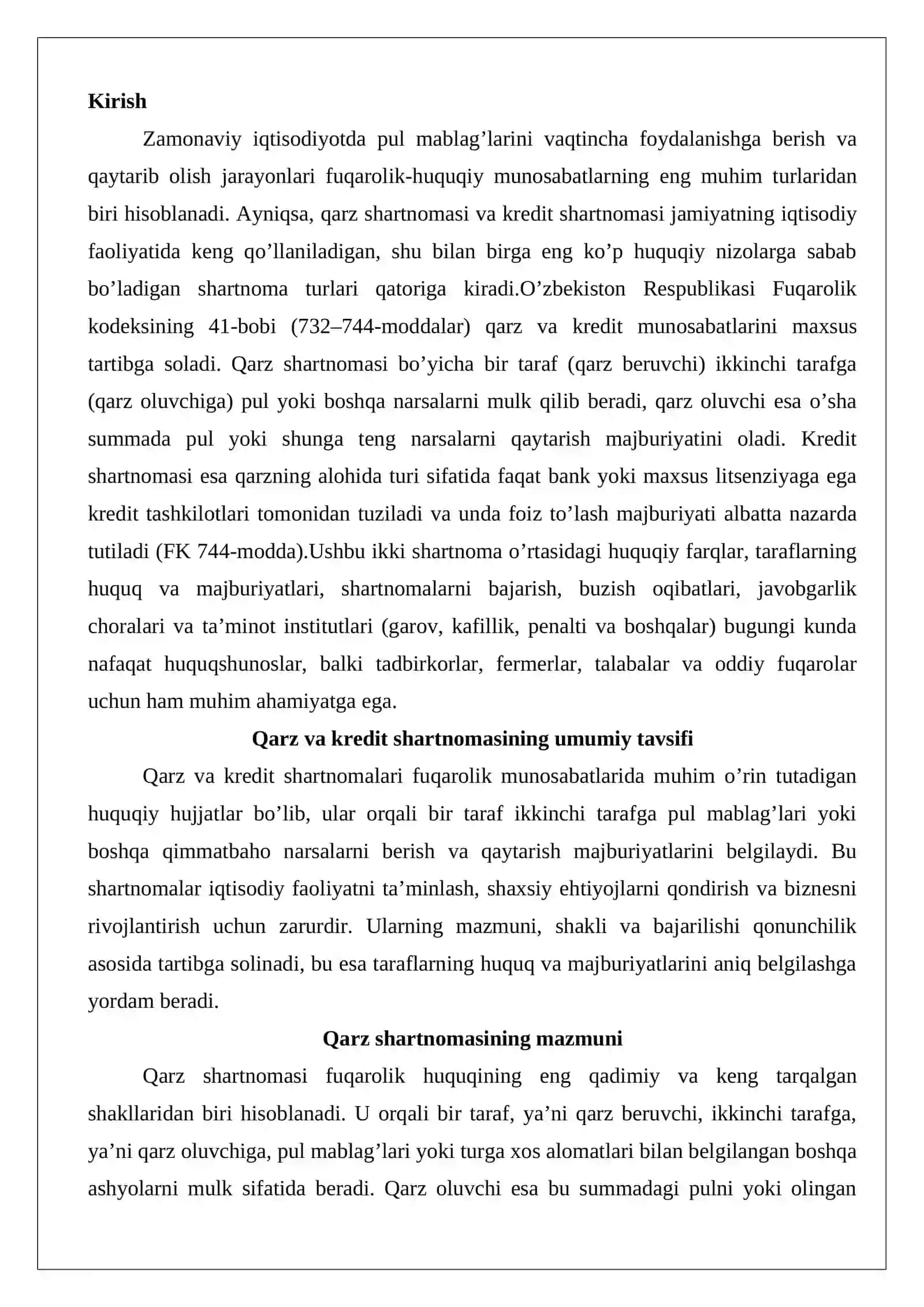 Qarz va kredit shartnomalarida taraflarning huquq va majburiyatlari 2